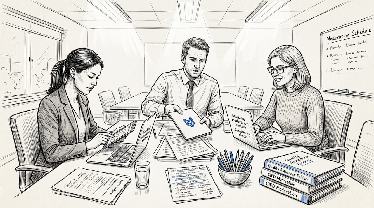 Team discussing CIPD grading process together