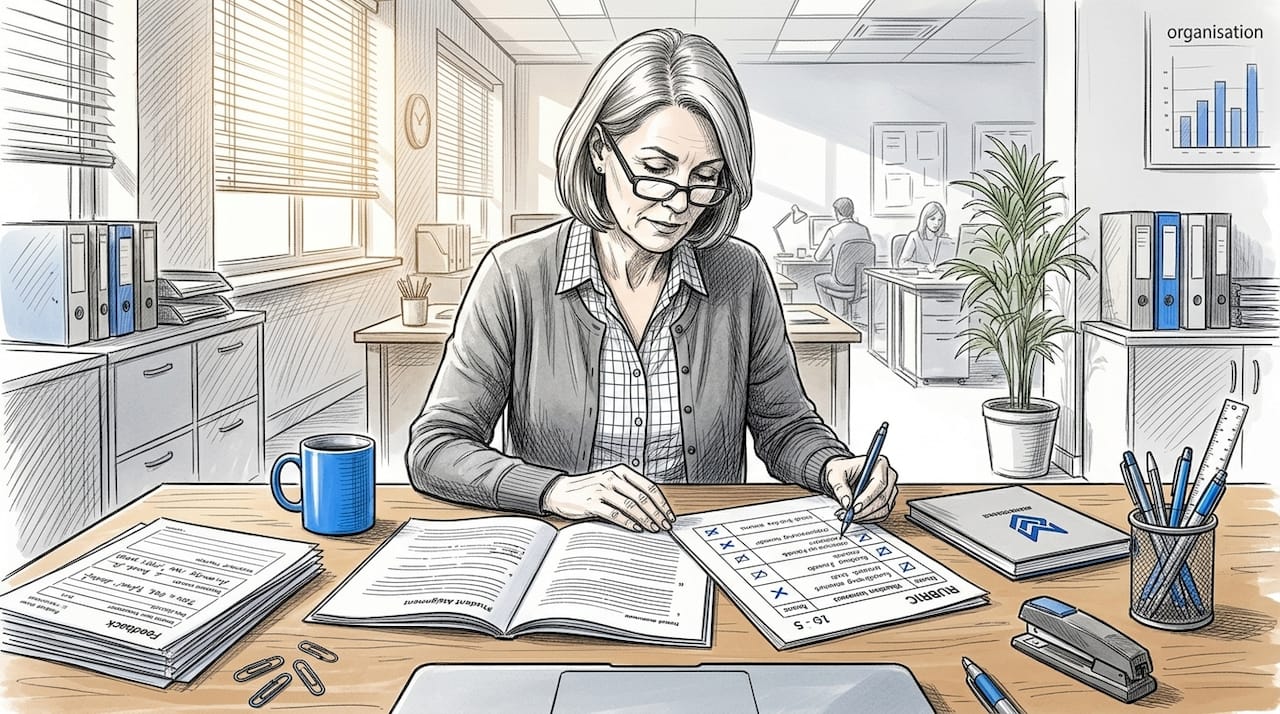 Assessor grading assignments with rubric at desk