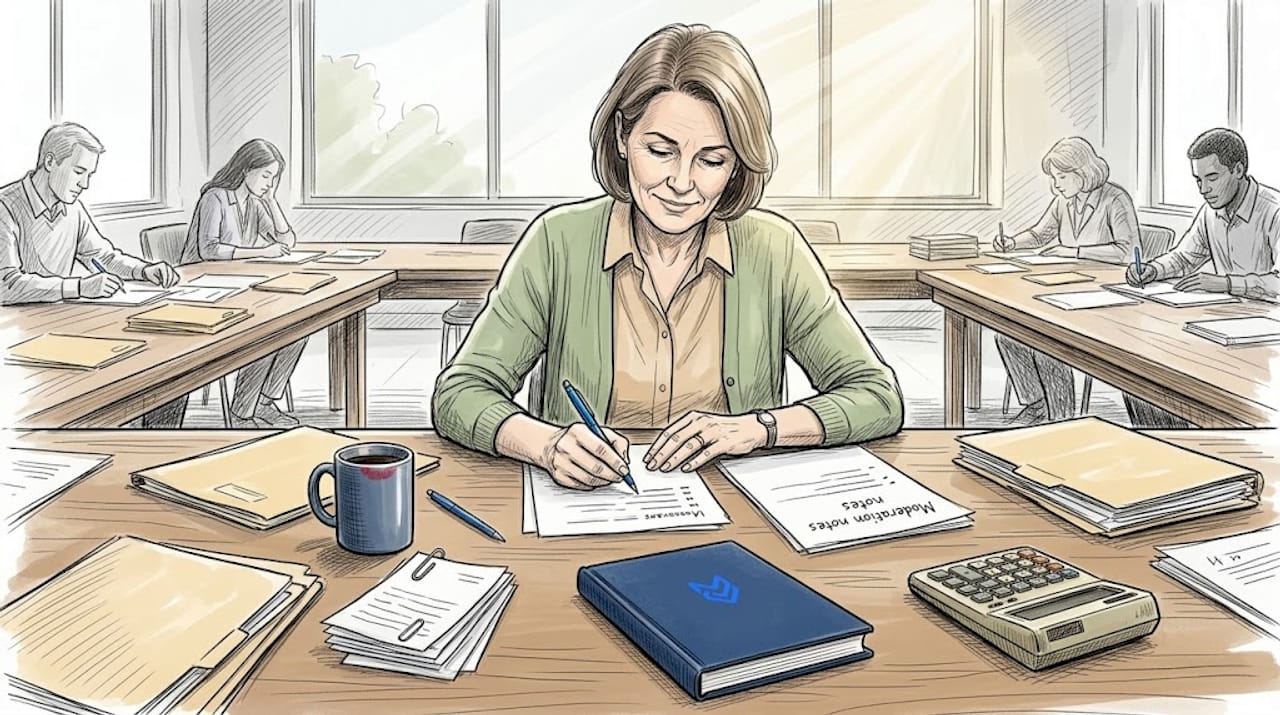 Educator marking papers at school lounge