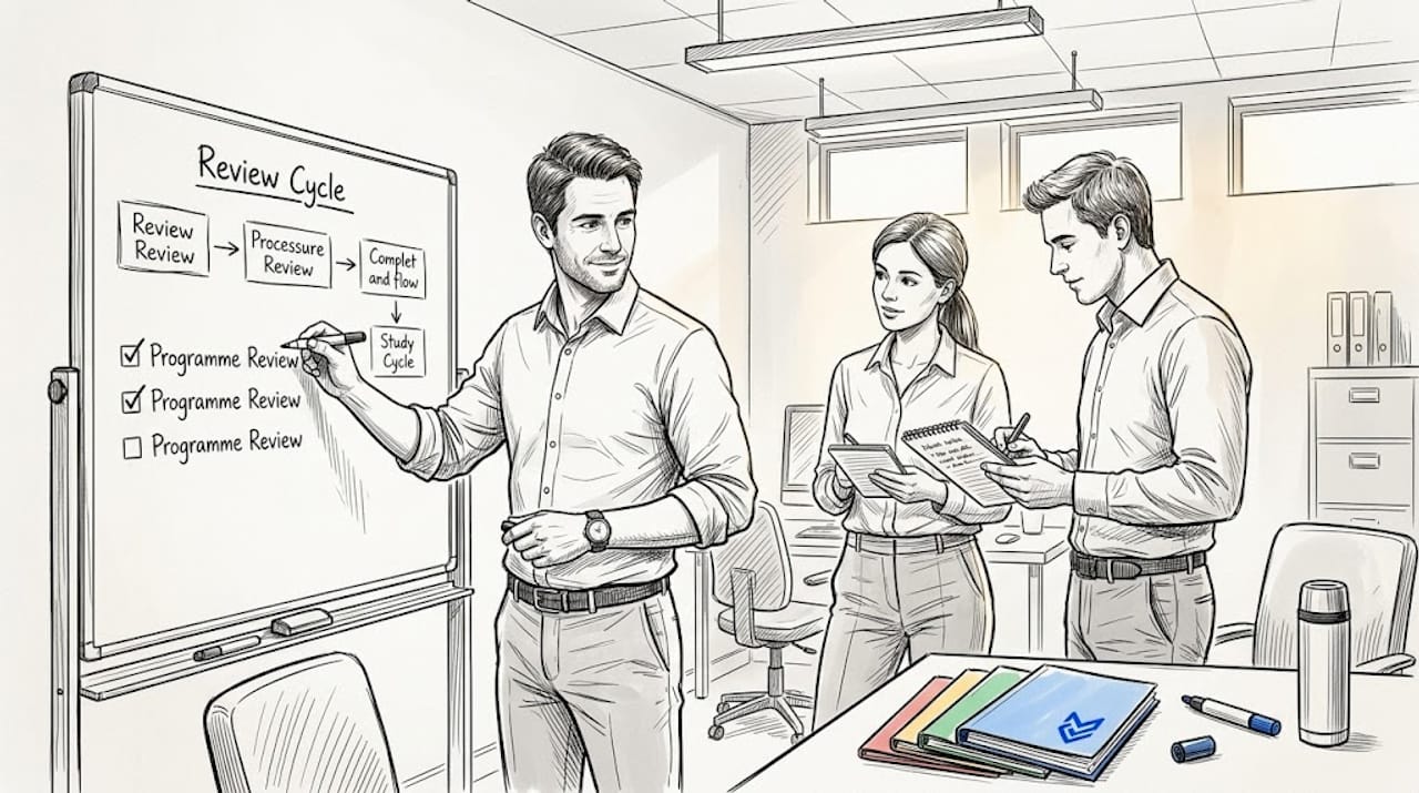 Quality assurance team collaborating by whiteboard