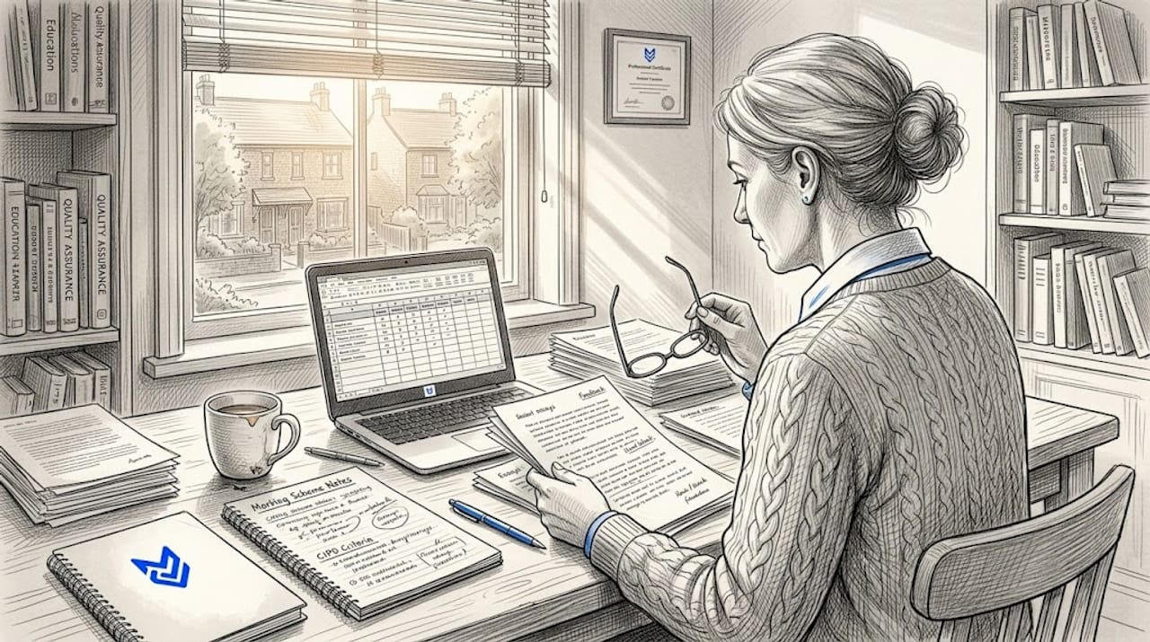 Teacher grading papers at home with feedback notes