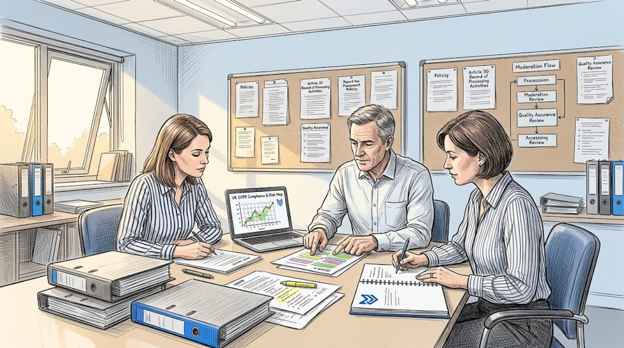 Team reviews GDPR compliance paperwork together