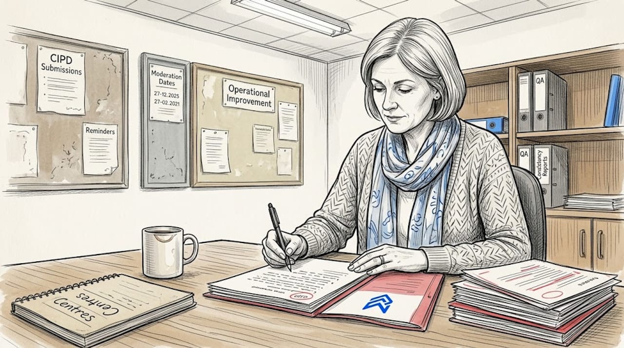 Teacher marking student work in staff room