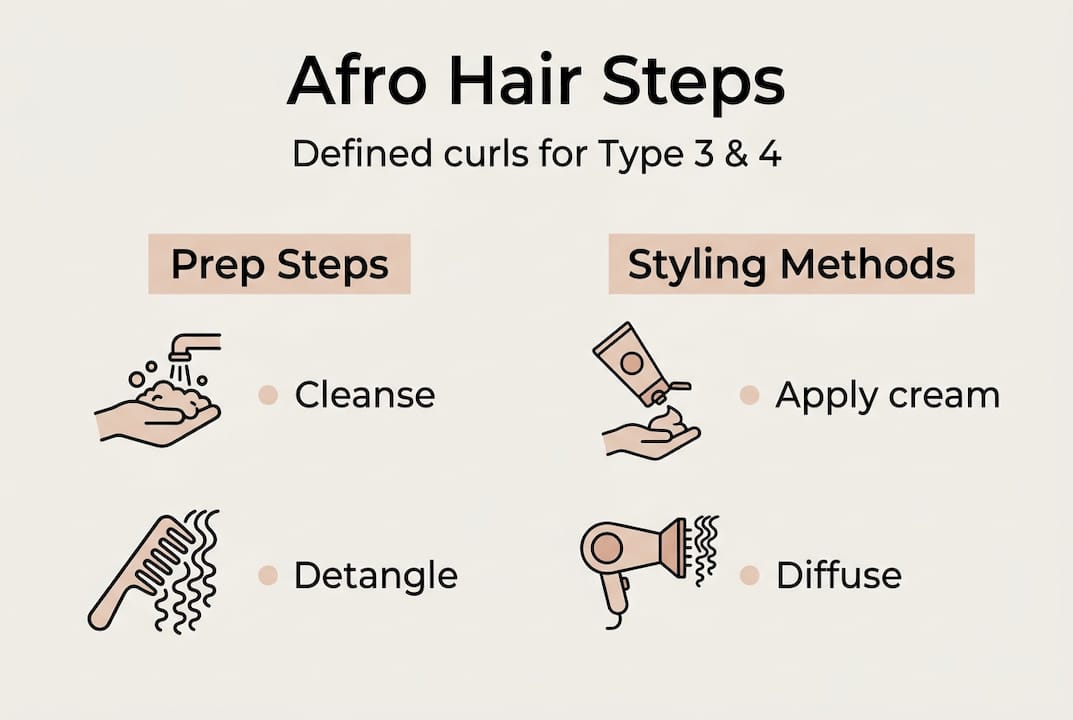 Infographic with afro hair prep and styling steps