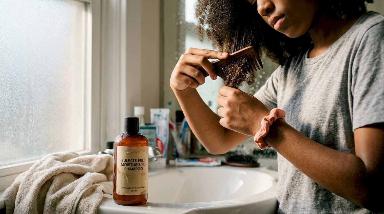 Teen detangling afro hair in bathroom