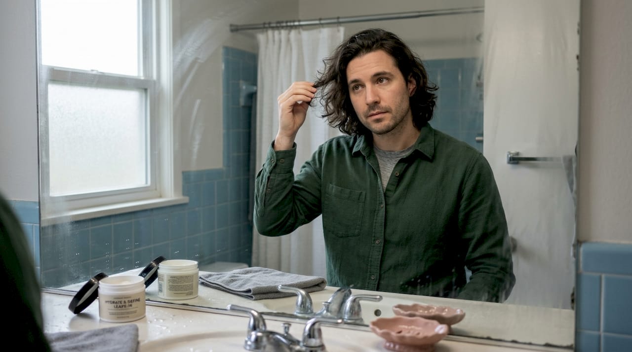Man inspecting frizzy wavy hair in mirror