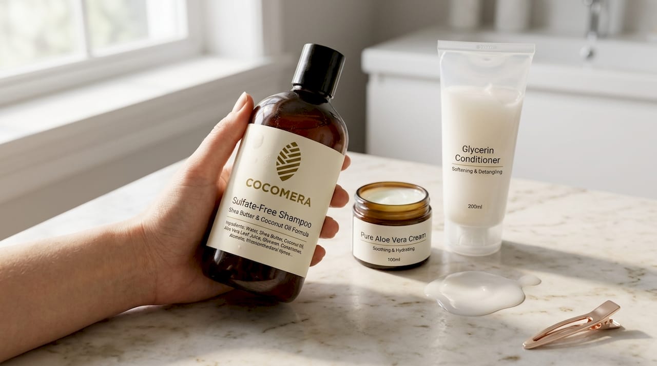 Coily hair moisturizing products close up