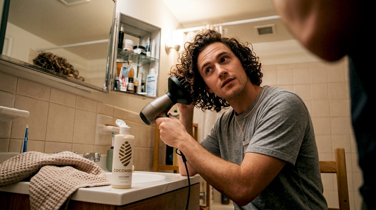 Man using hair dryer diffuser on curls