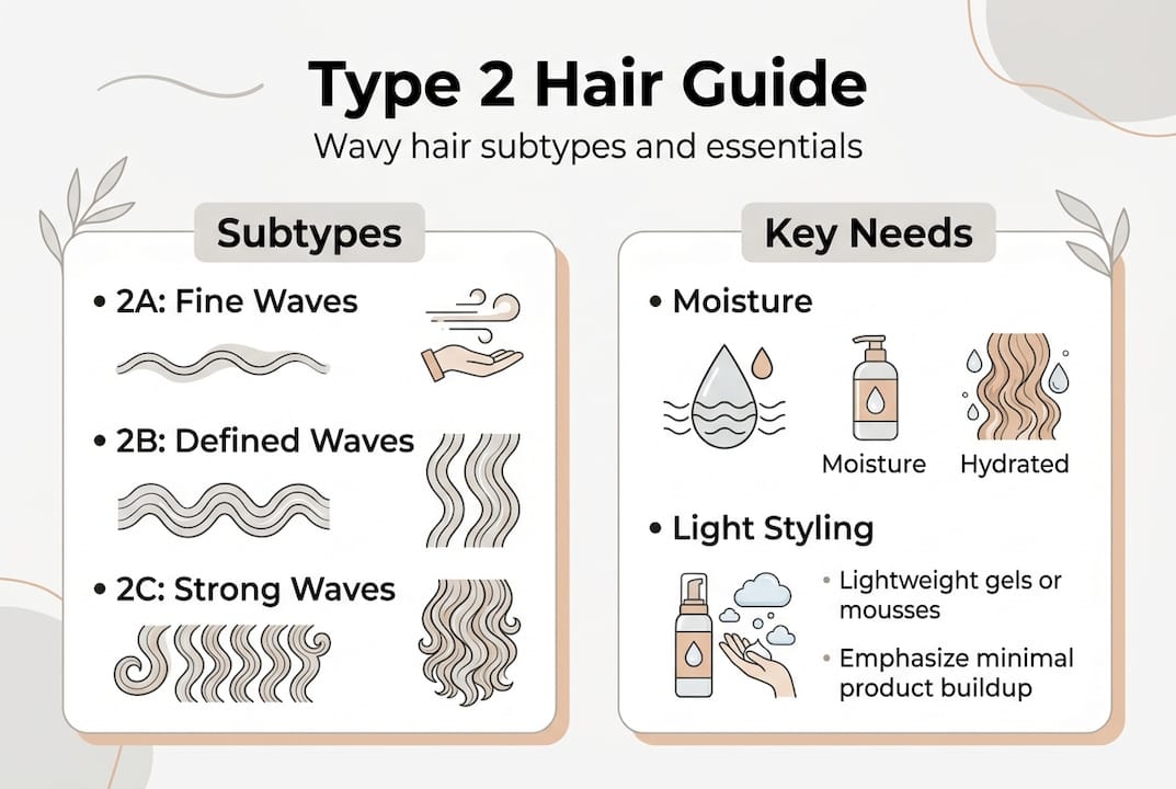 Infographic summarizing type 2 wavy hair essentials