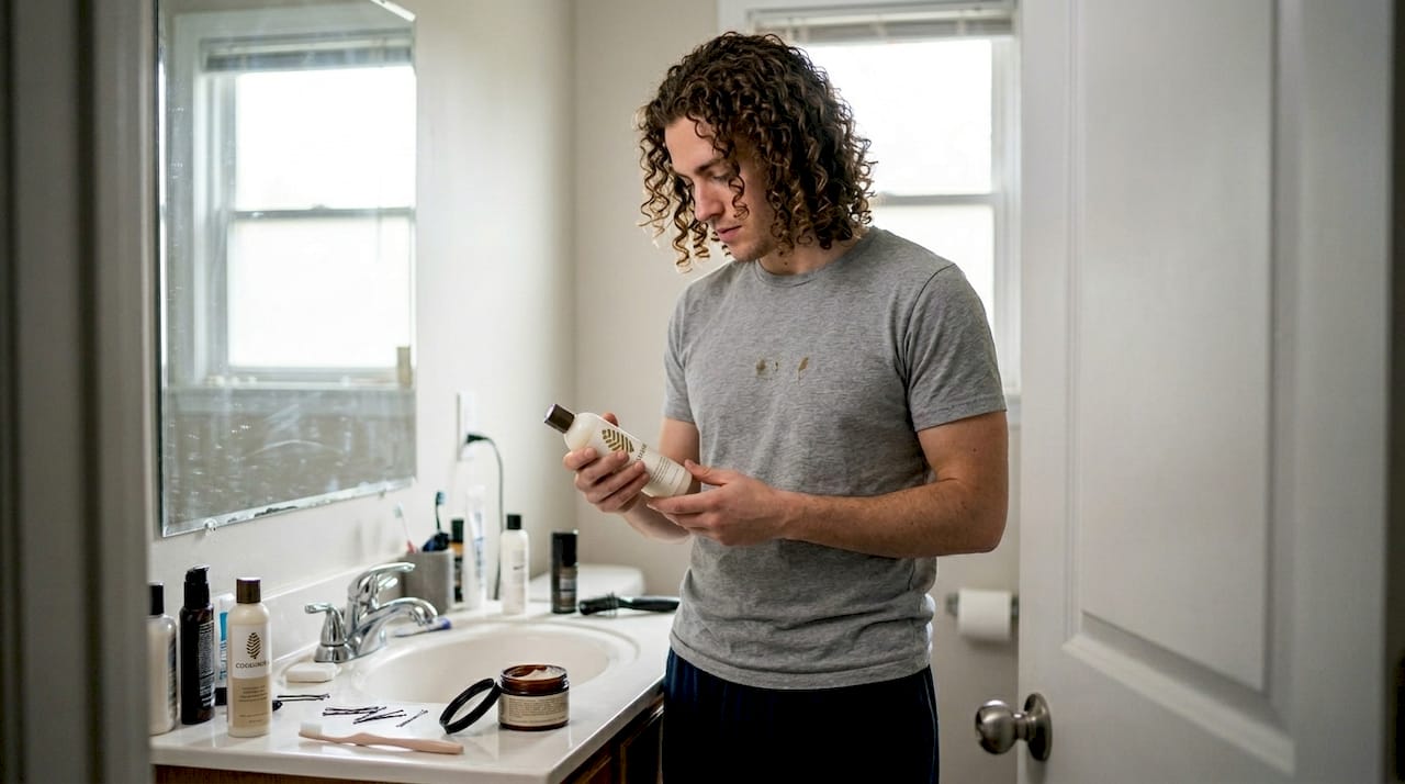 Man checks leave-in conditioner for curly hair