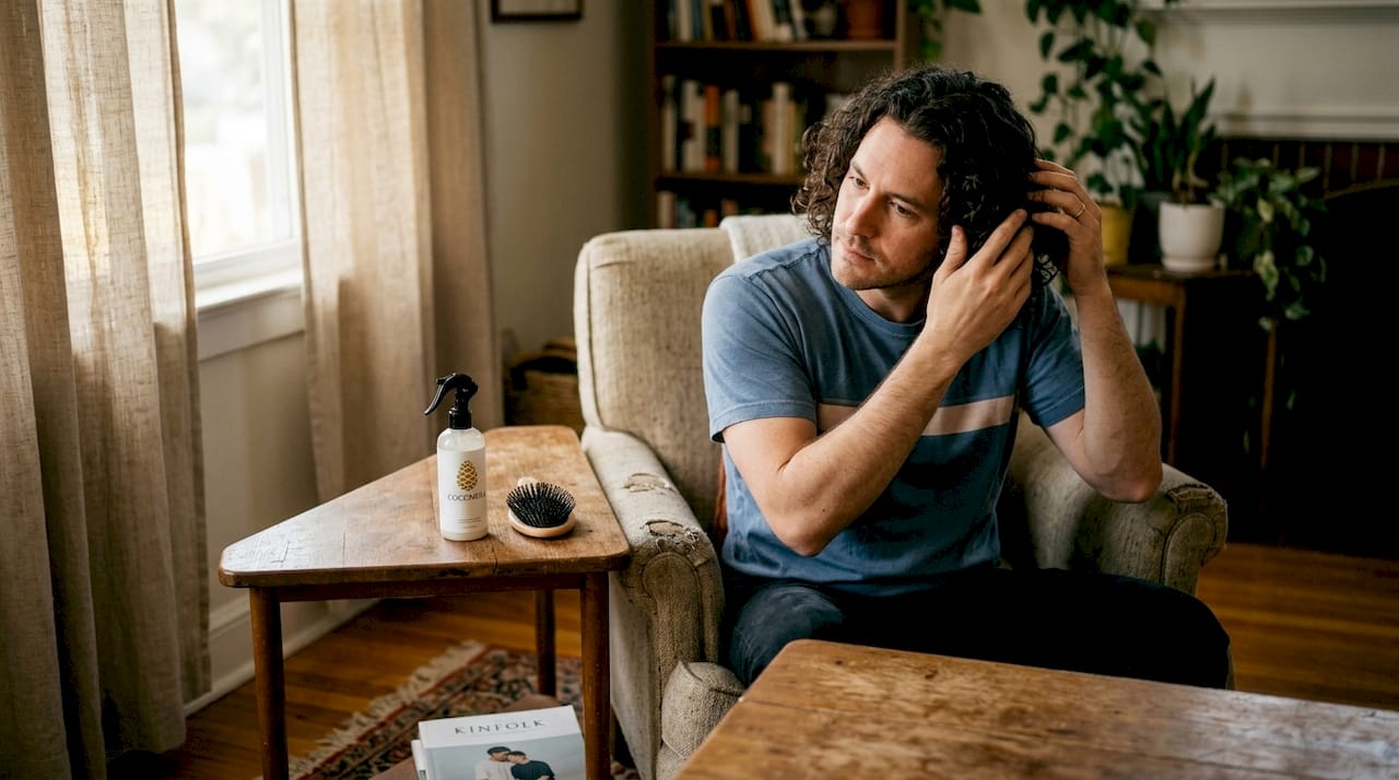 Man using leave-in conditioner on curly hair