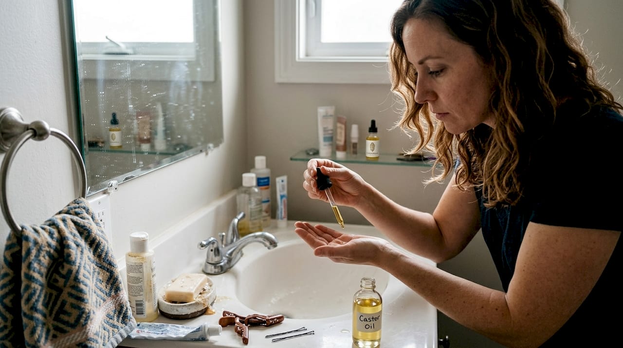 Applying castor oil in home bathroom