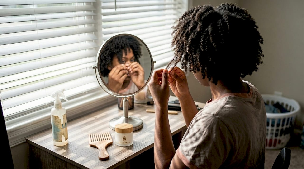 Person examining tight 4C afro hair texture