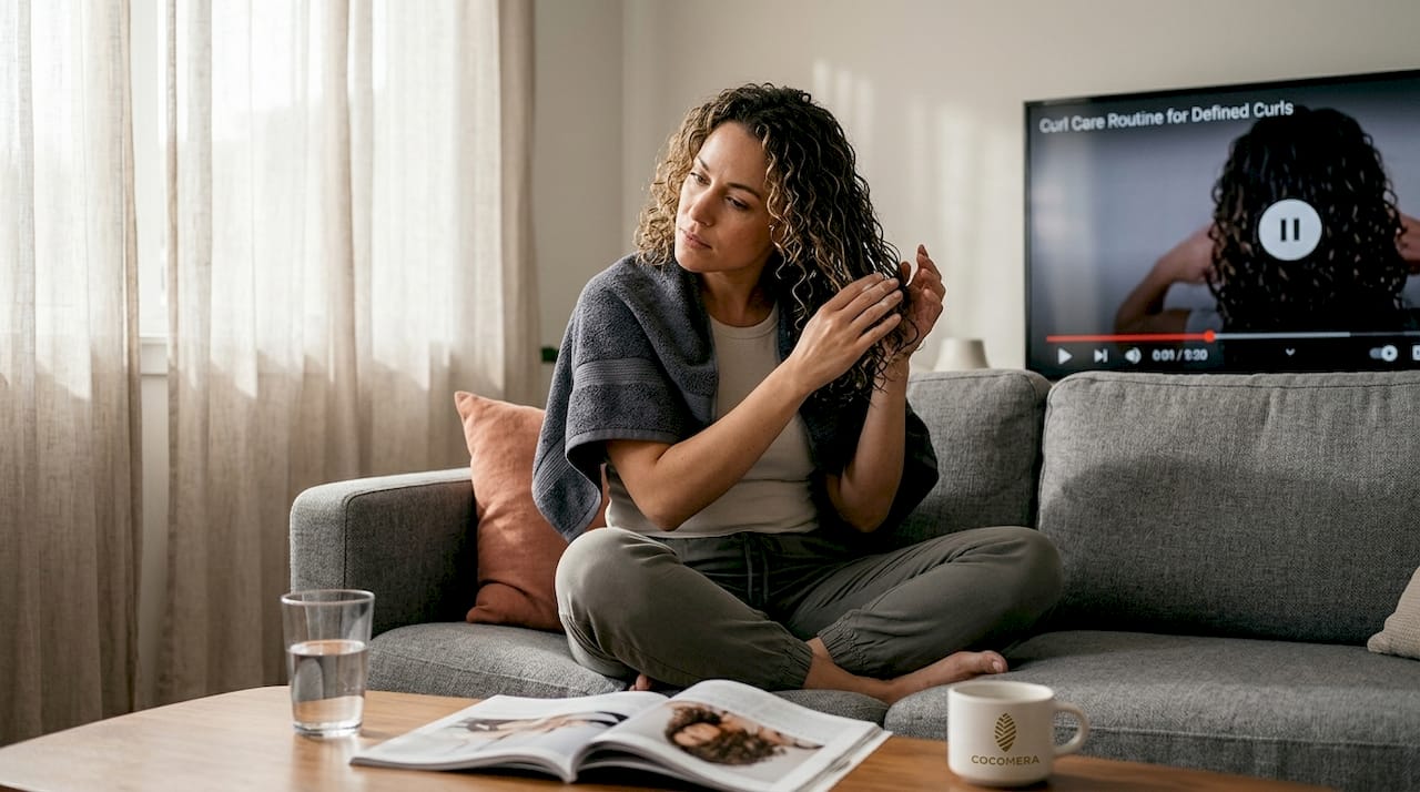 Woman applying leave-in conditioner to curls