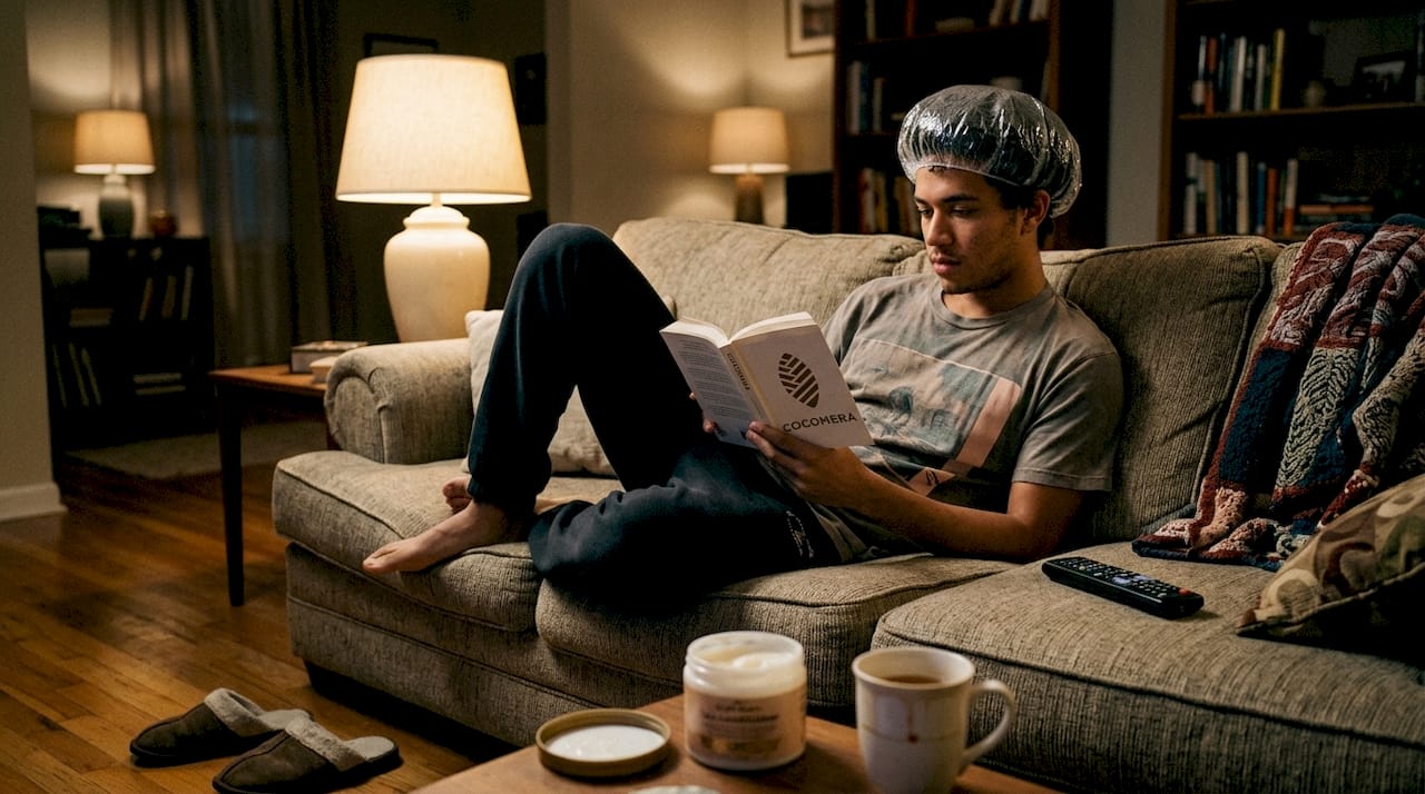 Man relaxing with deep conditioner and book
