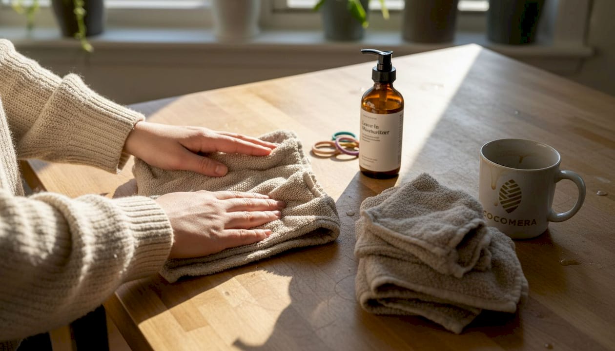 Microfiber towel and hair care items close-up