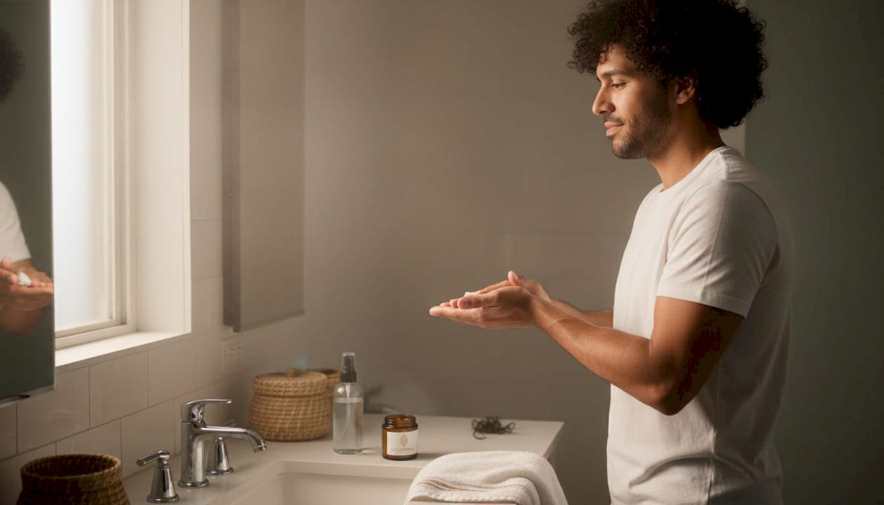 Man uses natural oils on curly hair