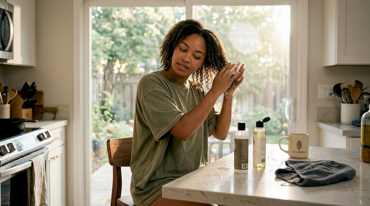 Woman caring for damaged curly hair