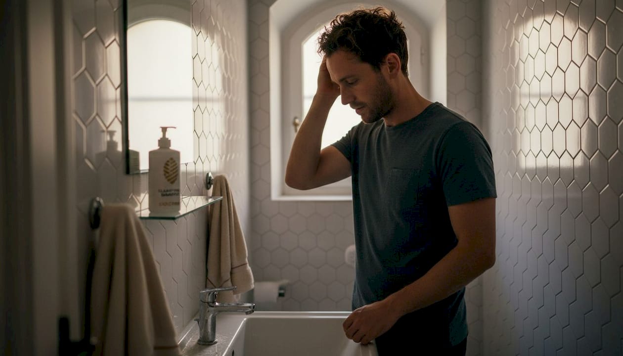 Man examines dry curls in European bathroom