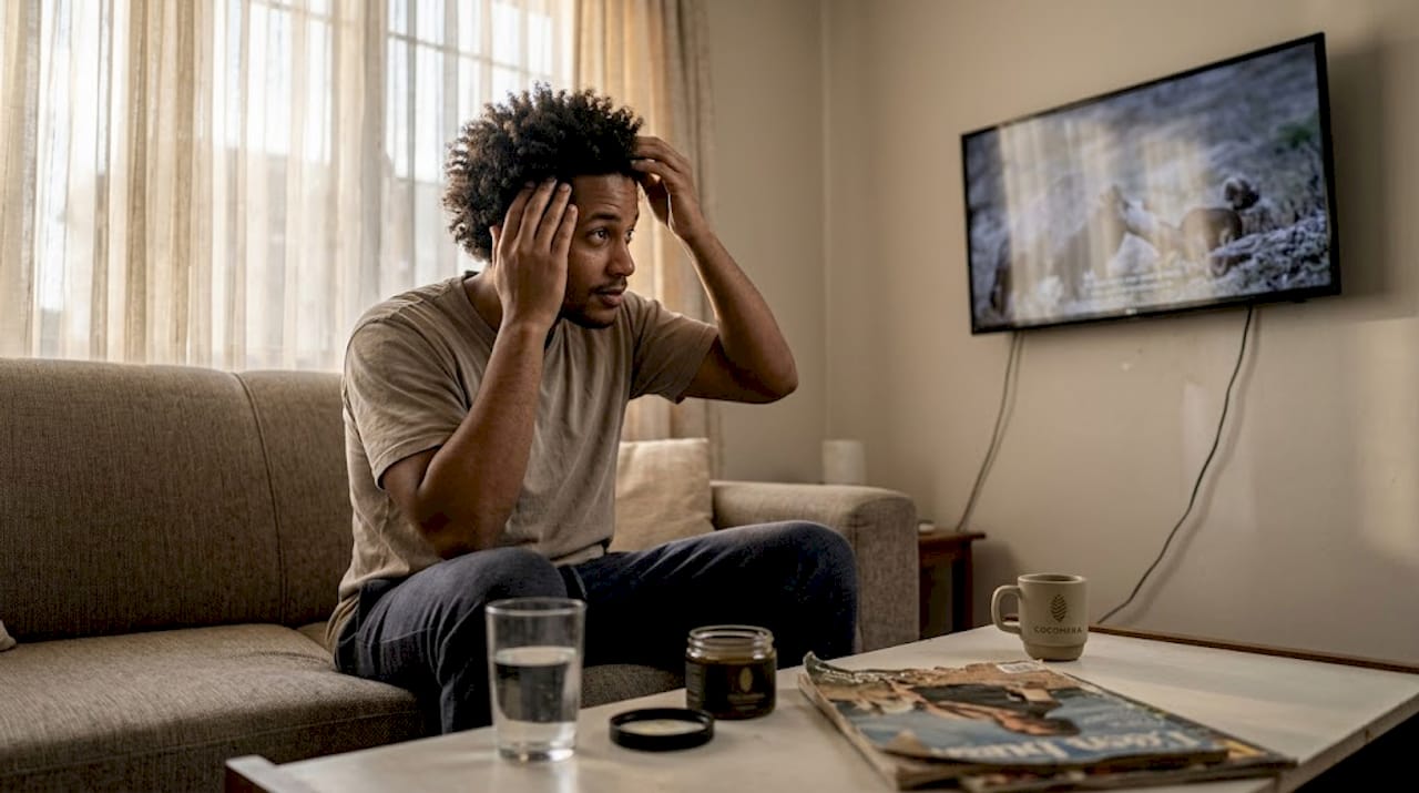 Man oiling afro hair in casual living room