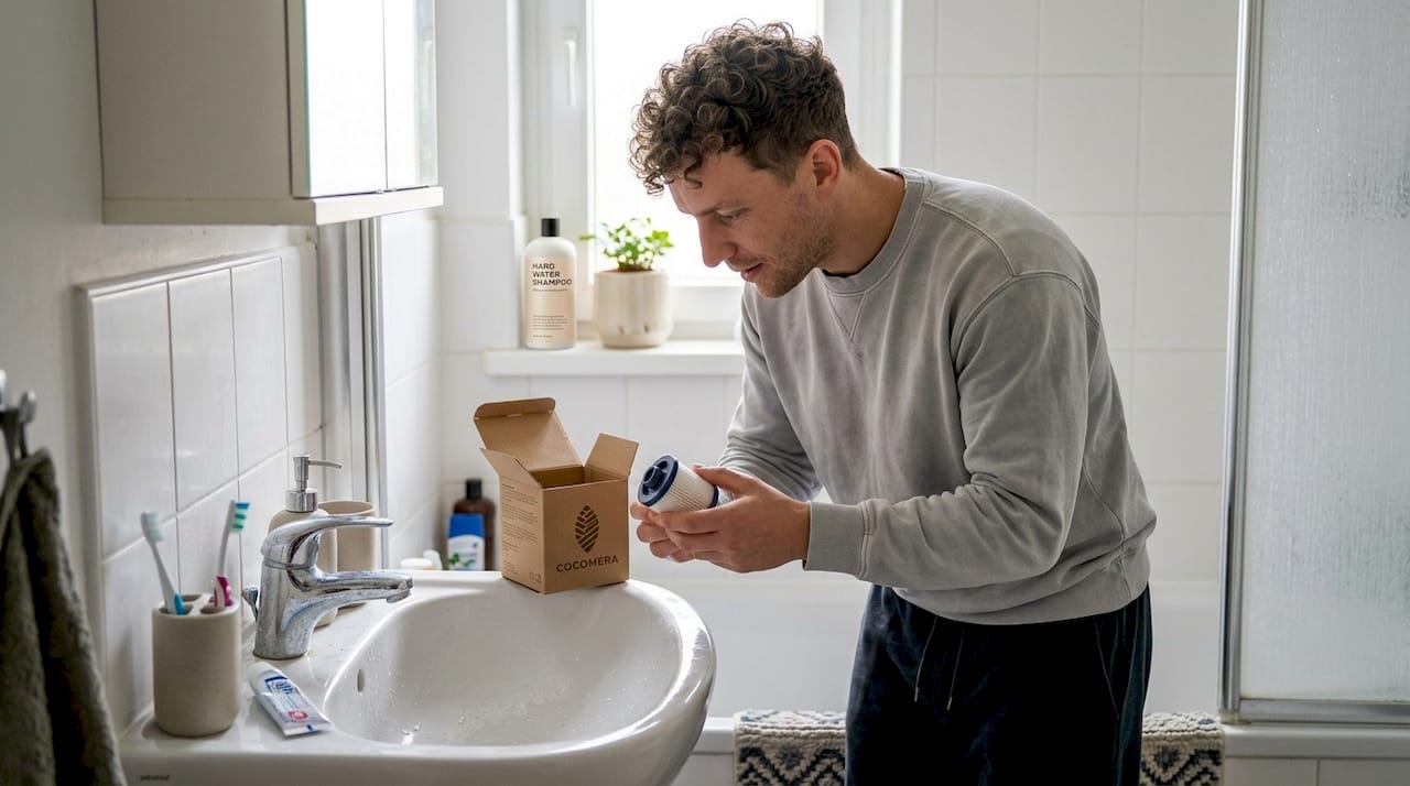 Man inspecting water filter for healthier curls