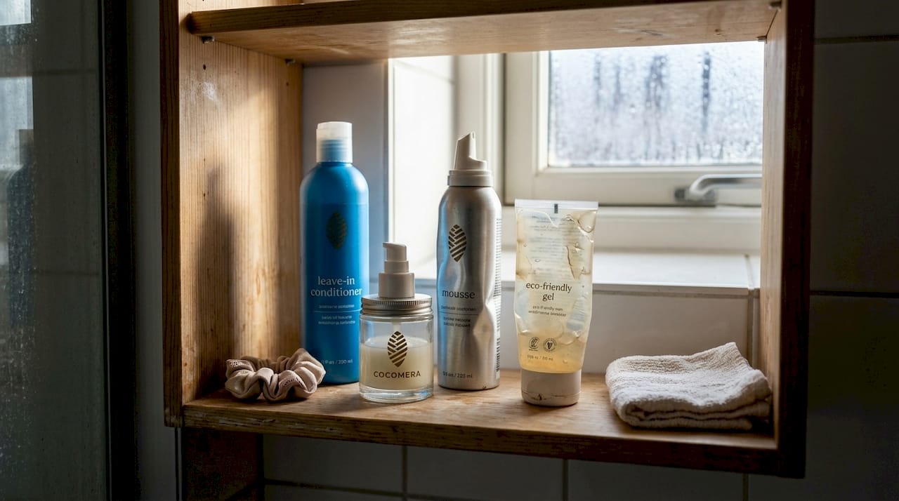 Shelf with wavy hair products in Nordic home