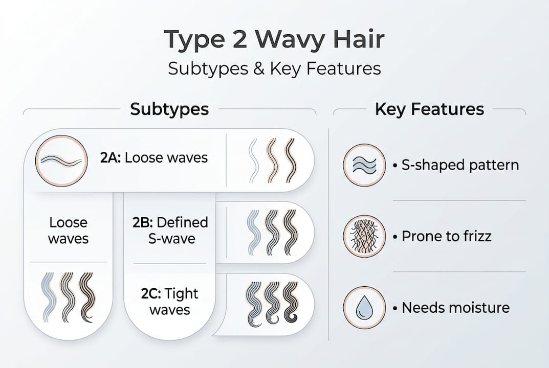 Infographic showing wavy hair subtypes and features