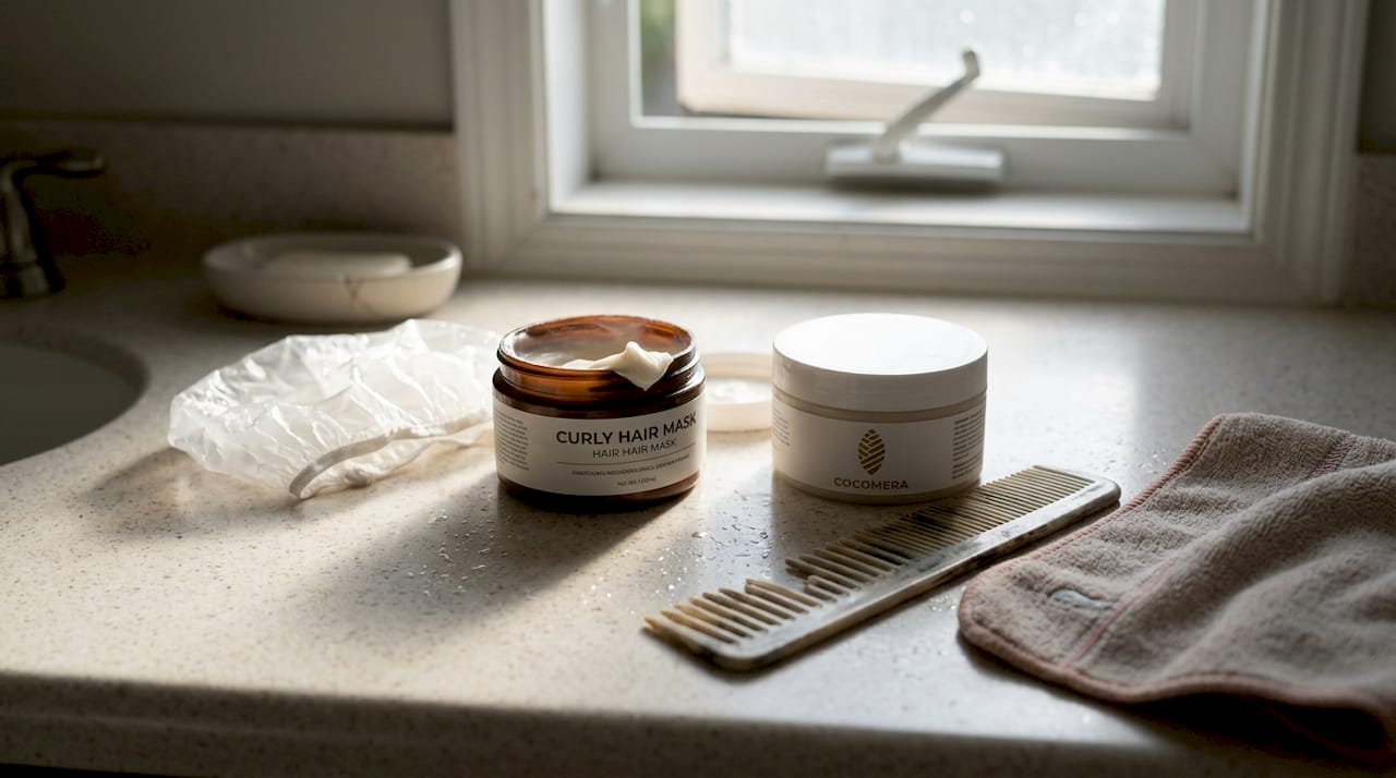Curly hair mask products on bathroom counter
