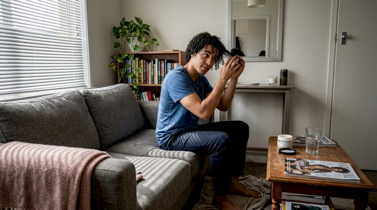 Man applying curl cream in home setting
