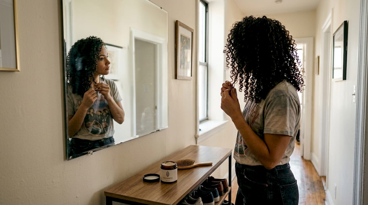 Woman admiring freshly defined curls in mirror