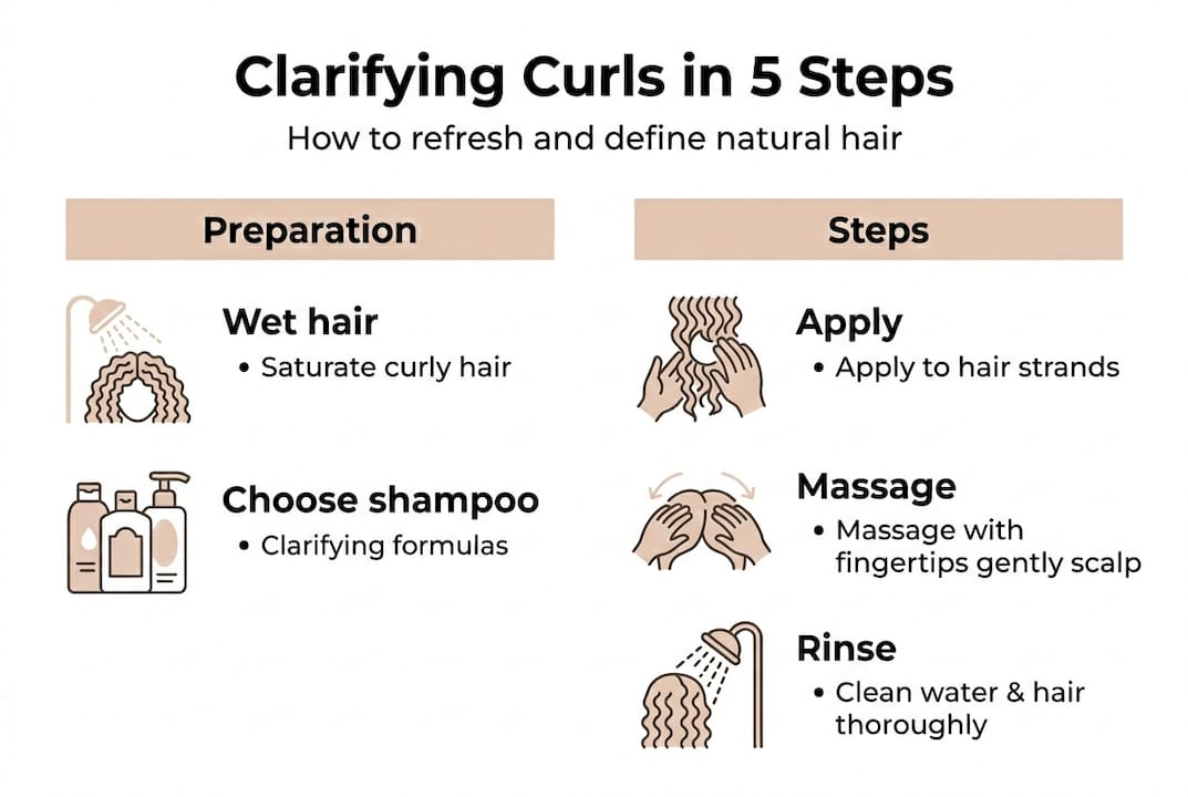 Infographic showing five-step clarifying curl routine