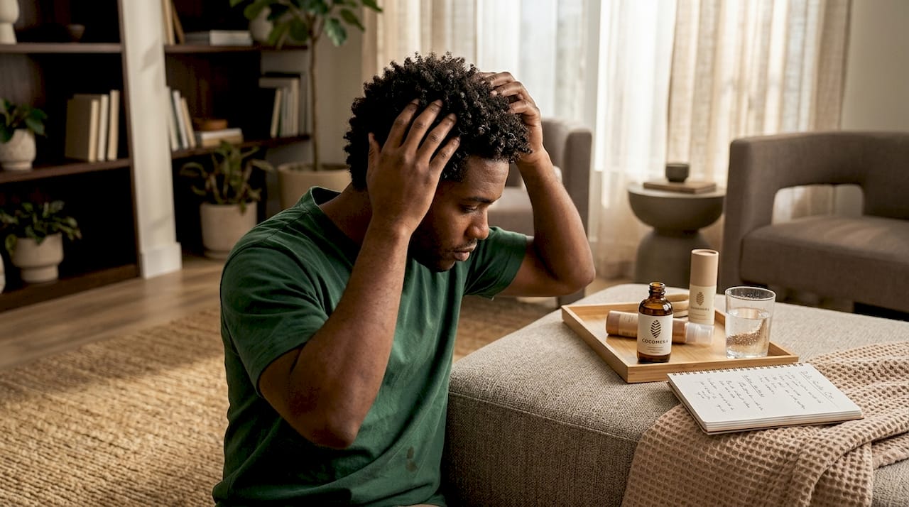 Man massaging coconut oil into coily hair