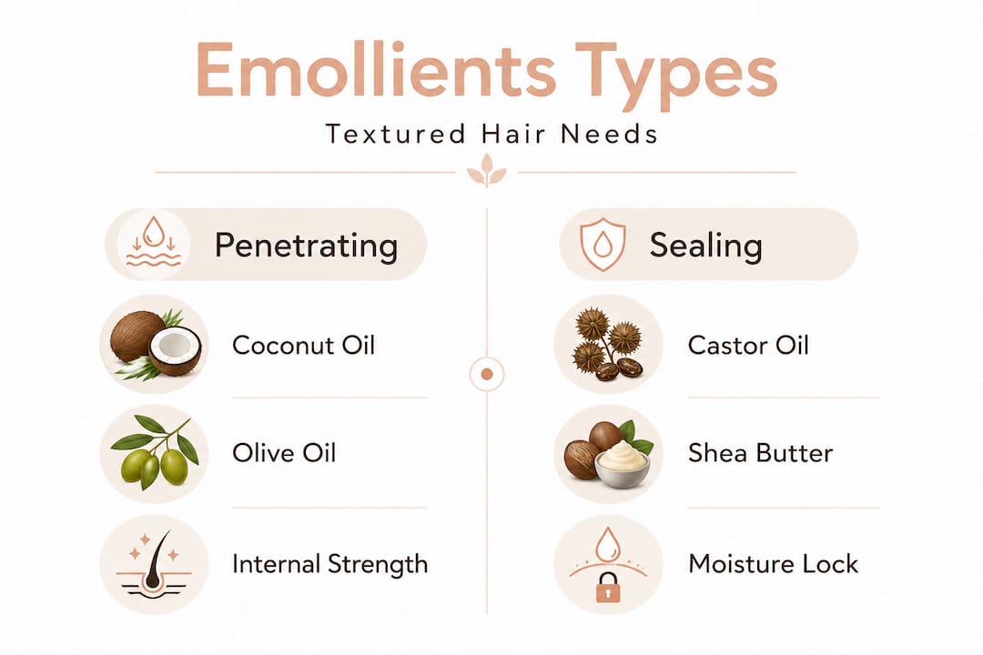 Split infographic comparing emollient types for curls