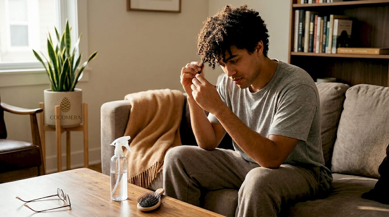Man finger detangling coily hair at home