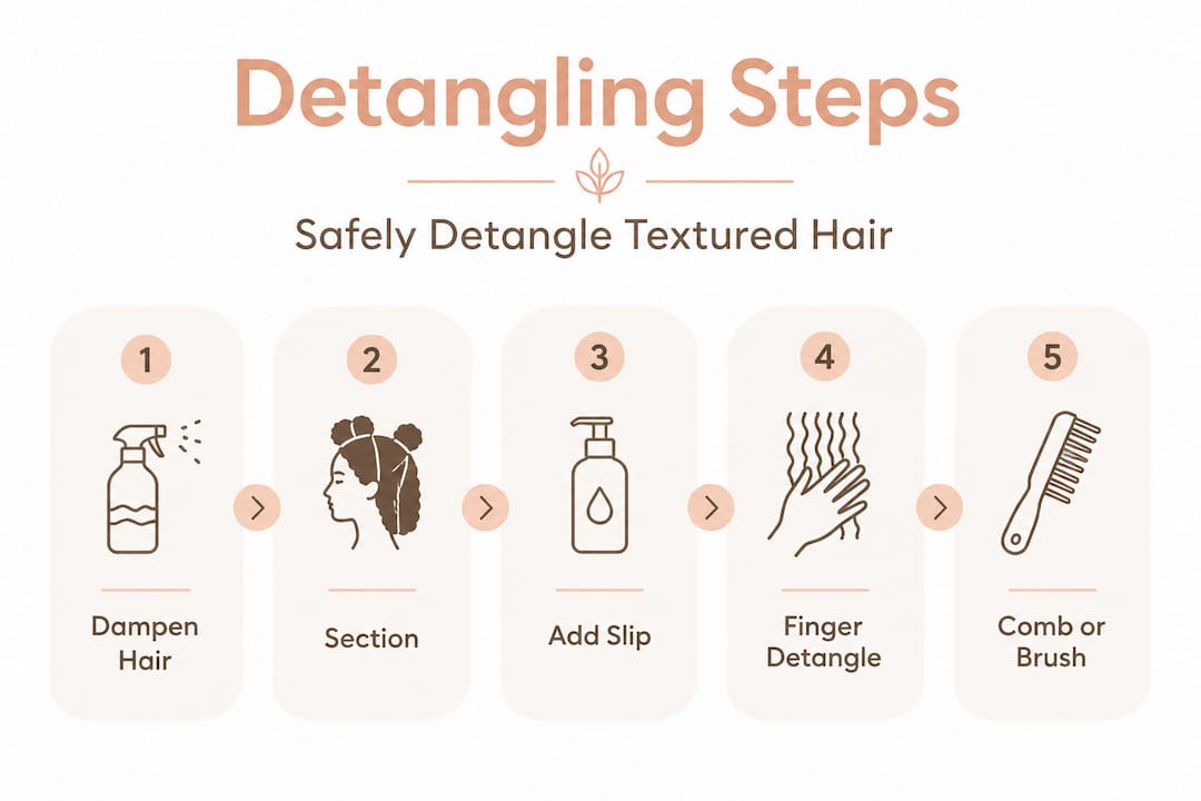 Step-by-step infographic for detangling textured hair
