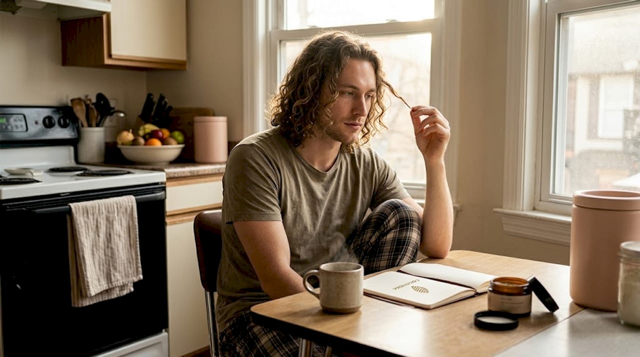Man examining curly hair routine at table