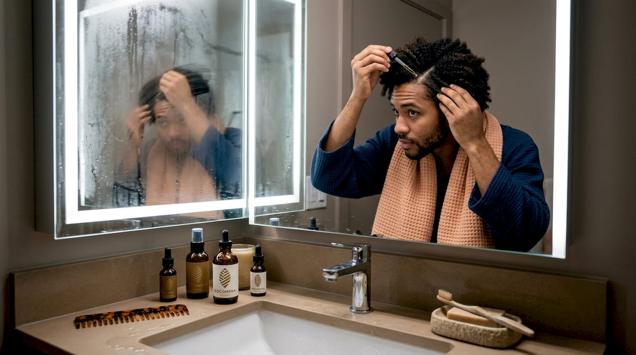 Man applying scalp oil in bathroom for winter care