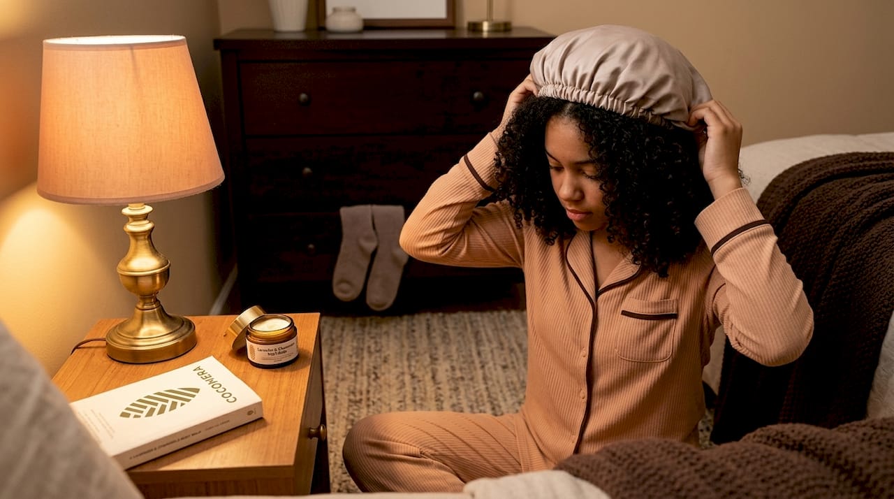 Teen putting on satin bonnet for curls at night