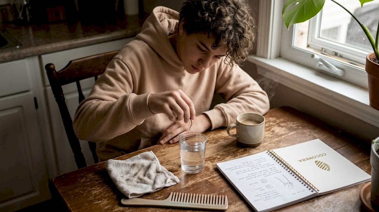 Teen testing hair porosity in glass of water