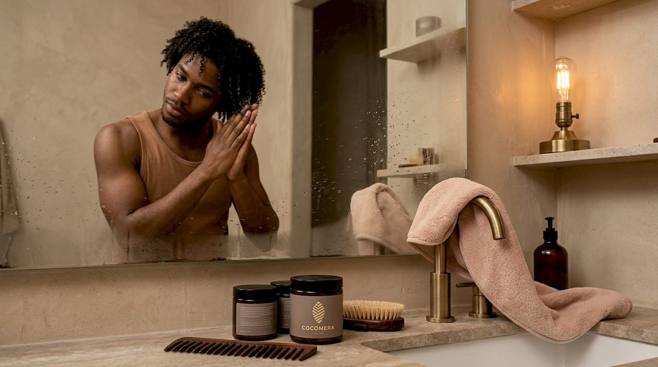 Man applying product to curly hair in bathroom