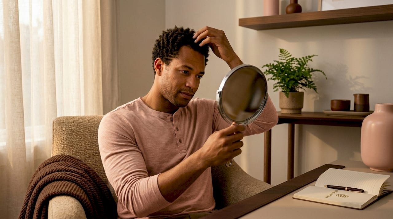 Man checking scalp and hair density at home