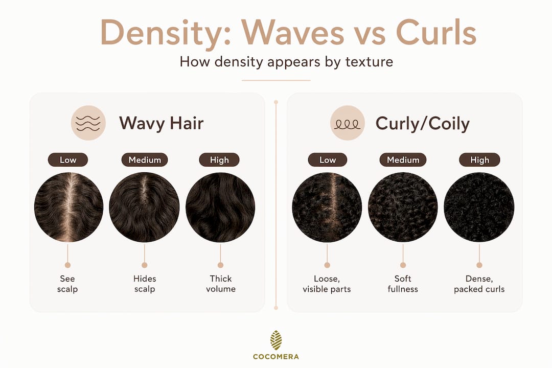 Infographic comparing hair density in wavy and curly hair