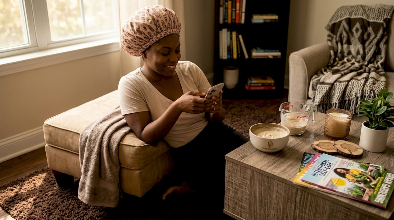 Woman deep conditioning afro hair at home