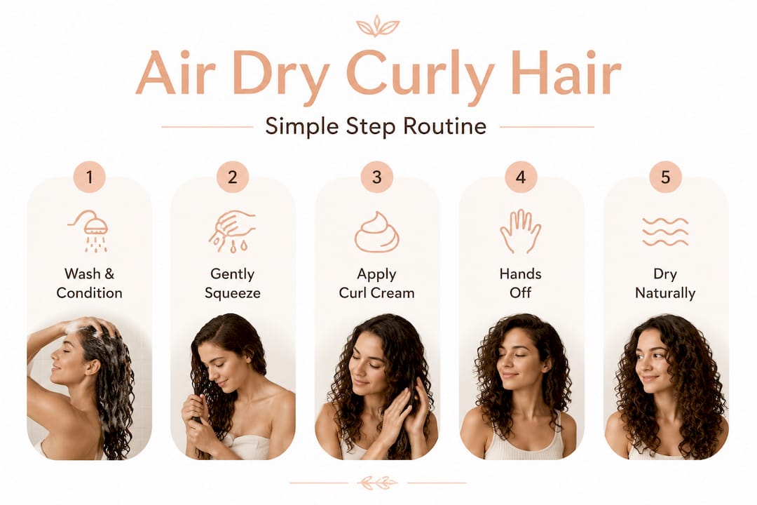 Infographic showing steps for air drying curly hair