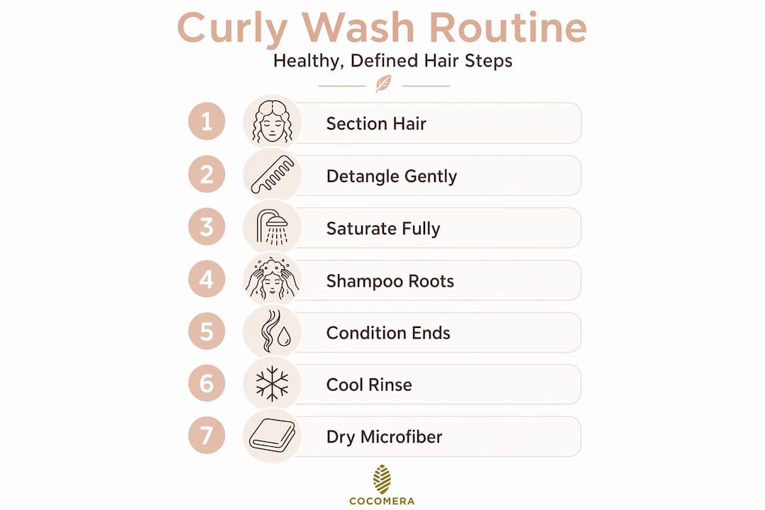 Infographic of curly hair wash routine steps