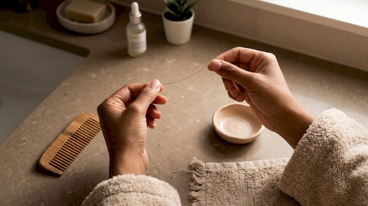 Hands testing wet hair strand elasticity