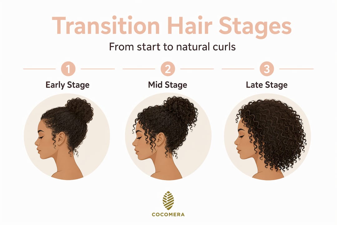 Infographic showing three stages of transition hair