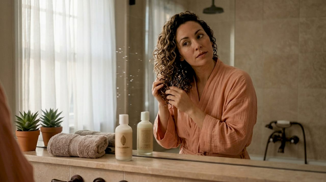 Woman with springy 3B curls at bathroom mirror