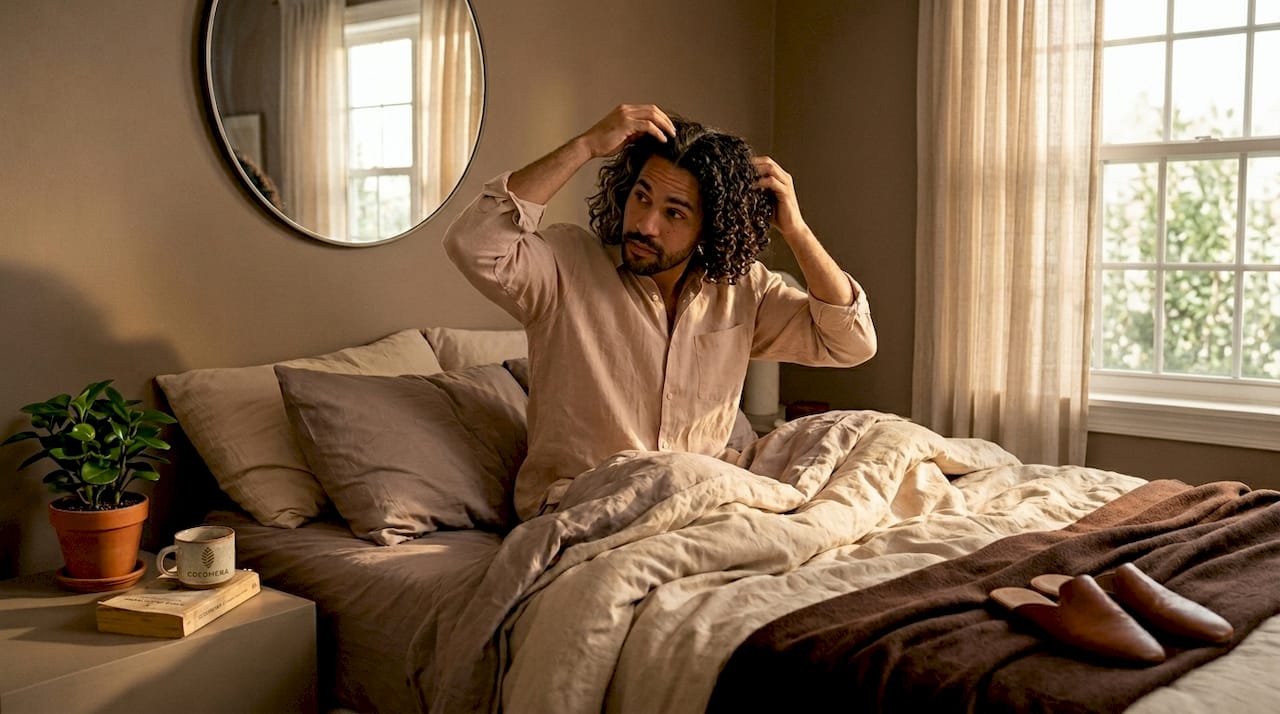 Man showing mixed hair textures by mirror
