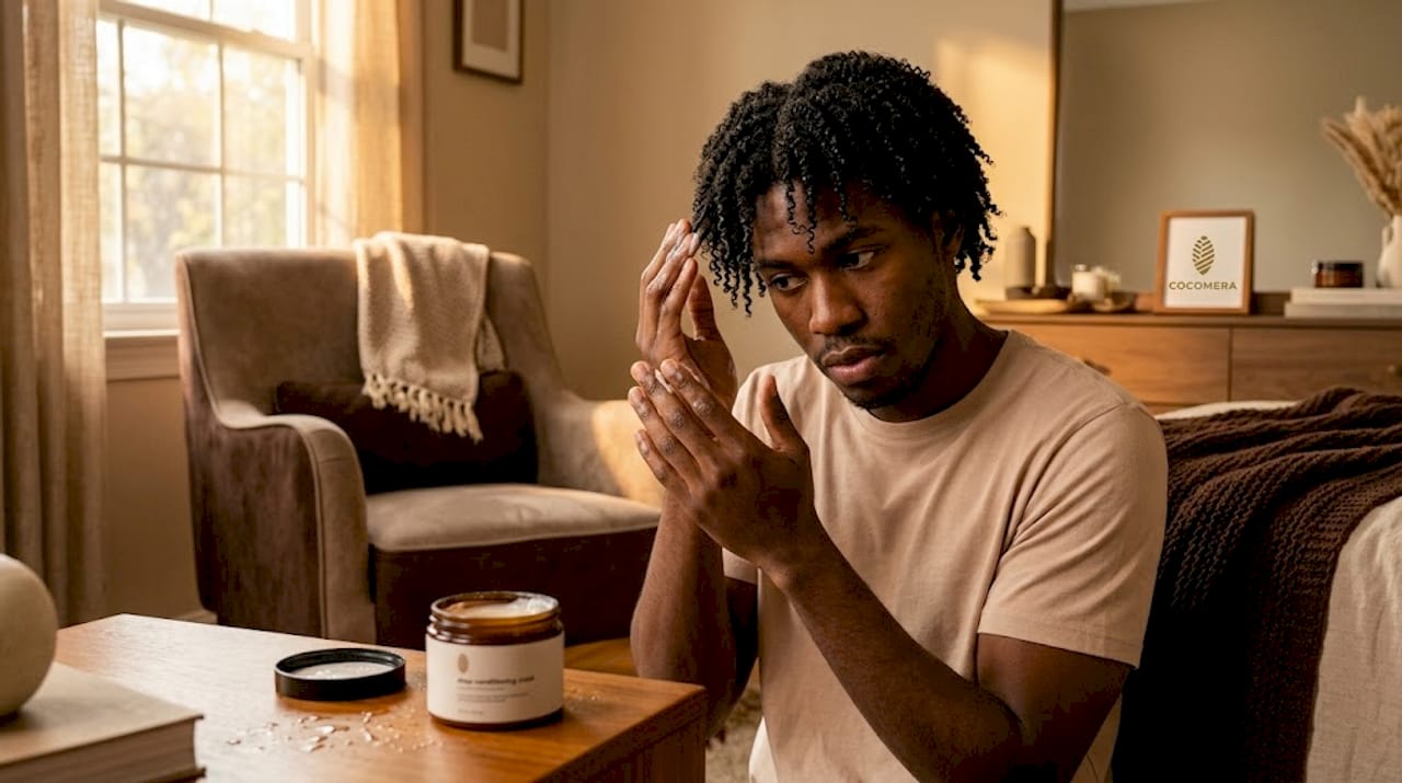 Man applying conditioner to coily hair in steamy bathroom